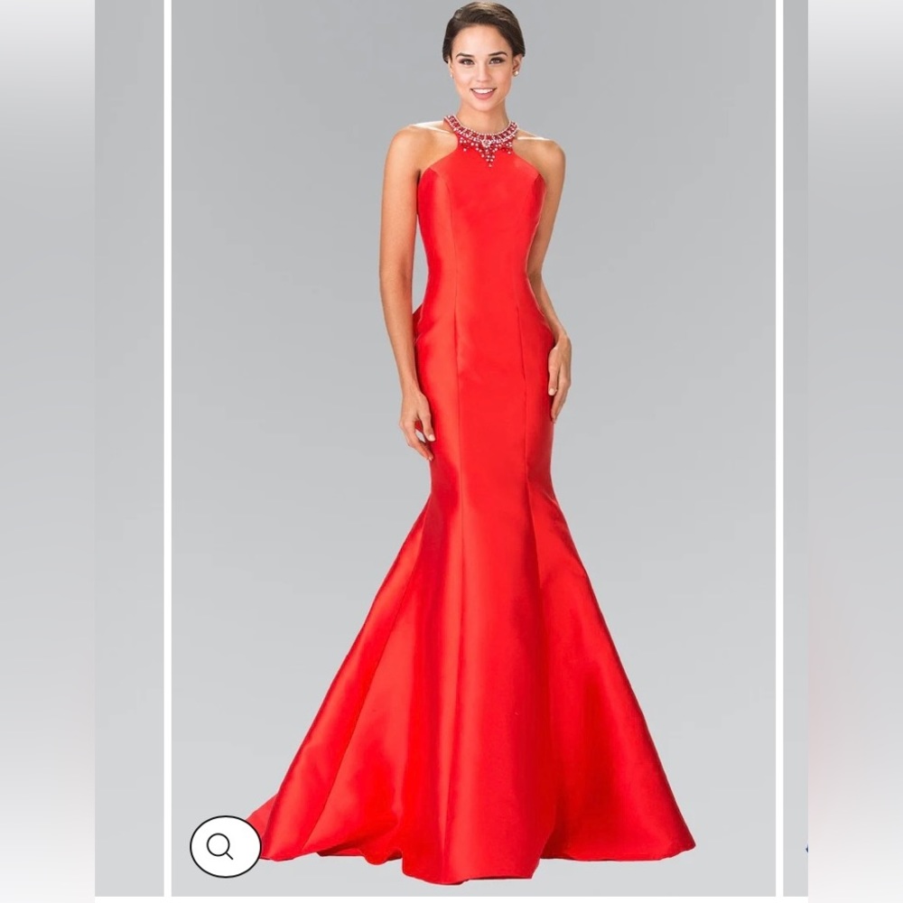 Long Red Mermaid Style Dress: High bejeweled neck, open back with bow